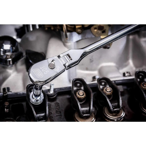Close-up of Two Piece 1/4 And 3/8 Inch Drive Ratchet Set with 90 Tooth Full Polish Flex Head in use, showing enclosed head design.