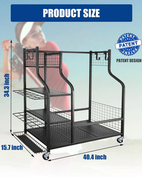Garage Ready Golf Storage Organizer For Two Bags, Extra Large Stand with dimensions, shelves, and club rack, patent design