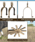 Rotatable Zinc Alloy Western Spurs with Gear Control System displayed in detail with cowboy style design on trail ride.