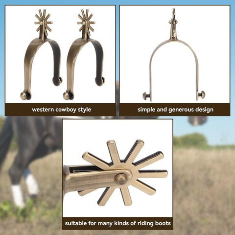 Rotatable Zinc Alloy Western Spurs with Gear Control System displayed in detail with cowboy style design on trail ride.