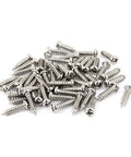 Pro Grade M2.5 X 10mm Stainless Steel Cross Phillips Pan Head Self Tapping Screws 50 Pack scattered screws on white background.