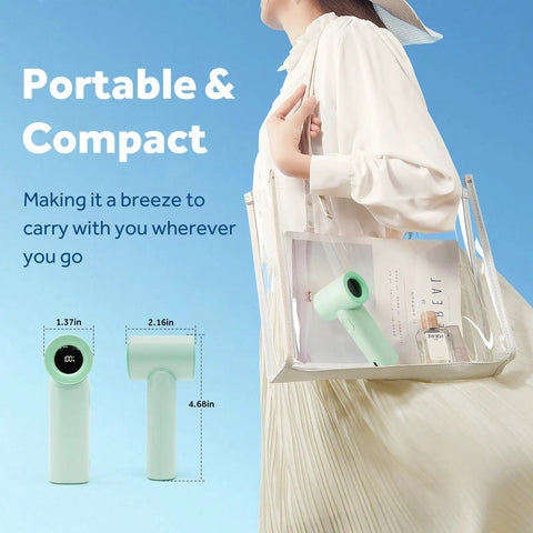 Woman carrying Portable Handheld Turbo Fan With 17400 RPM High Speed Mini Cooling Power 4500mAh USB in a clear bag