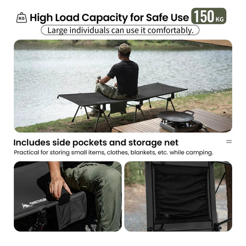 Man sitting on Super Sturdy Height Adjustable Camping Cot With Leg Extenders Holds Up To 330 Pounds by a lake.