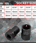 Heavy Duty 5-Piece Bolt Extractor Set 1/2 Drive showing socket size chart and dimensions SAE and Metric Sizes display