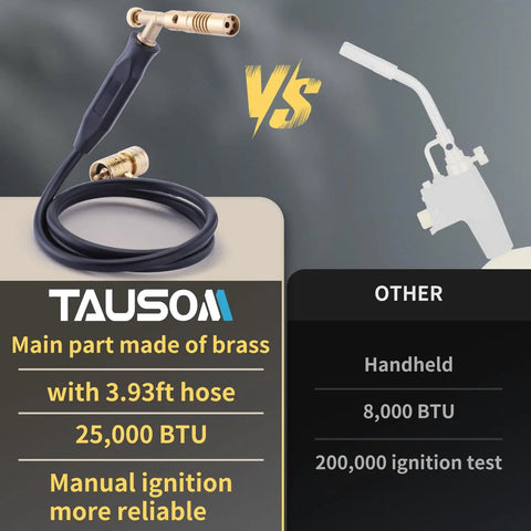 Comparison of heavy duty propane torch hose kit 3.93 ft with adjustable heat MAPP torch head against less powerful model.