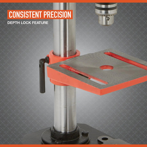 Benchtop Drill Press With Five Speed And Eight Inch Swing Half Inch Chuck Two Inch Vertical Stroke Depth Lock Ball Knob