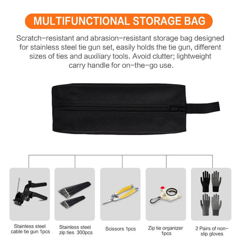 Beefed Up Heavy Duty Stainless Steel Cable Tie Gun Kit With 300 UV Resistant Black Zip Ties storage bag and accessories