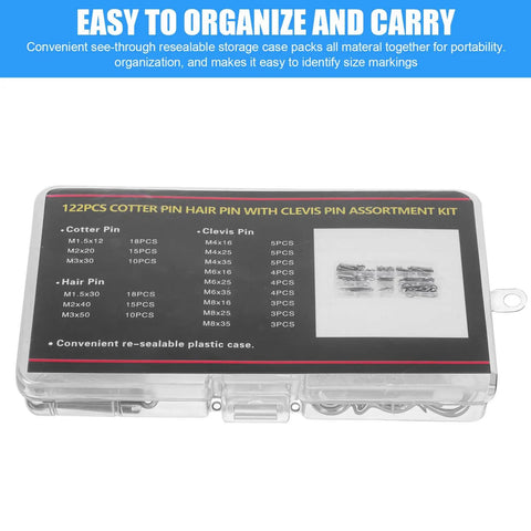 122 Piece Cotter Pin Clevis Pin R Clip Kit With Zinc Plated Hair Pin Assortment in see-through storage case front view