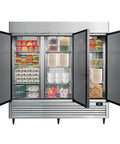 Rock Solid Commercial Workhorse Upright Freezer And Convertible Refrigerator With 72 Cubic Feet Capacity frost free design, slick stainless steel exterior, filled food containers, open doors.