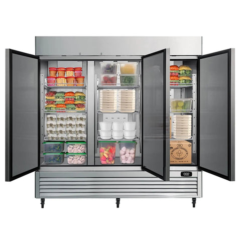 Rock Solid Commercial Workhorse Upright Freezer And Convertible Refrigerator With 72 Cubic Feet Capacity frost free design, slick stainless steel exterior, filled food containers, open doors.
