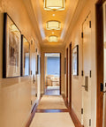 Hallway with Modern Gold Flush Mount Ceiling Light With Brass Finish And Beige Drum Shade Dimmable Built In LED