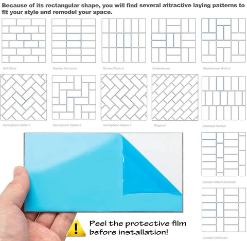 Person peeling protective film from 100 Piece Polished White PVC Peel And Stick Backsplash Tiles 3x6 Inch Waterproof Subway Style chart