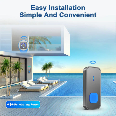 Dope Wireless Doorbell System With 3 Receivers And 1 Button IP55 Waterproof by a modern poolside, easy installation highlighted.
