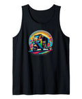Killer Rickshaw Travel Tank Top With Rad Pop Art Prints Of Busy Asian Streets And Golden Tropical Vibes Super Comfy Graphic Tee, black cotton tank top with vibrant auto design.