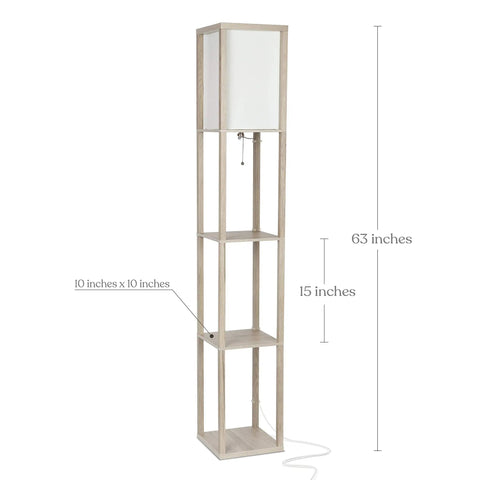 Cozy Rustic Wood Shelf Floor Lamp With Shade And Built-In 9W LED Bulb, showing size dimensions and three-tier shelves