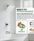 Gold finished Tub and Shower Faucet Set with Pressure Balance Valve, 8 Inch Rain Shower Head, Single Handle, and Tub Spout over bathtub