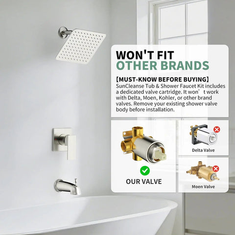 Gold finished Tub and Shower Faucet Set with Pressure Balance Valve, 8 Inch Rain Shower Head, Single Handle, and Tub Spout over bathtub