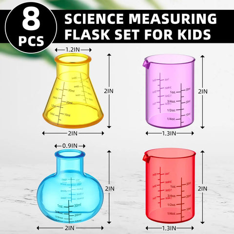 Eight Piece Science Measuring Flask Set For Kids Including Colorful 30ml Graduated Cylinders And Plastic Beakers