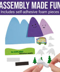 Mountain Magnet Craft Kit Go Explore Adventure Awaits with foam pieces, purple mountains, RV, trees, and clouds for magnets.