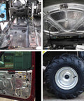 LLPT aluminum foil tape four-panel collage showing exposed floor, hood area, door panel, tire.