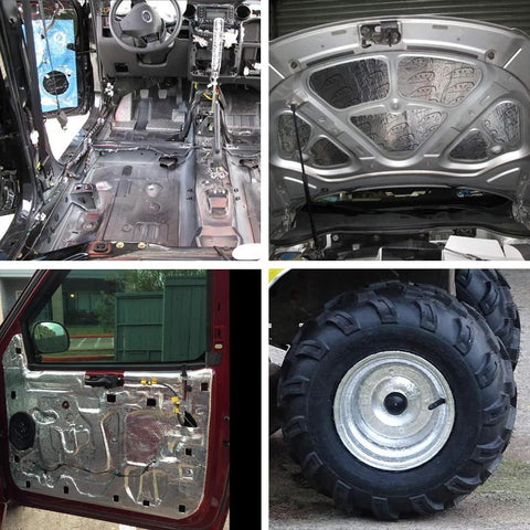 LLPT aluminum foil tape four-panel collage showing exposed floor, hood area, door panel, tire.