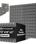 Dead Simple Setup Top Tier Grey Pyramid Acoustic Panels Twenty Four Pack with grey pyramid tiles and reusable squares.