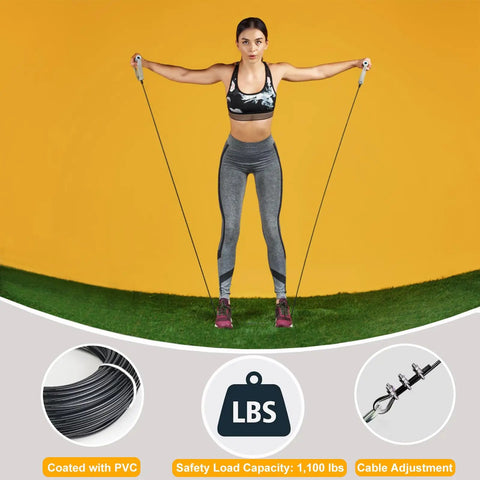 Heavy Duty 32.8 Foot Fitness Pulley Cable Replacement Rock Solid Five Millimeter Black Pvc Coated Wire Rope Kill Your Sets 1460 Pound Pull Strength For D I Y Home Gym Gear with PVC coated cables in use.