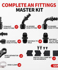 Image of a 6AN Push Lock Fittings Kit With 0 Degree 45 Degree 90 Degree 180 Degree Angles, AN6 Male To Male Coupler, 6AN Male Flare To One Quarter Inch NPT Fittings, AN Wrench Protector For NBR Rubber Push Lock Hose, 23 Piece Comprehensive Kit showing various fittings and clamps.