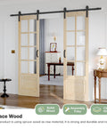 Double 24x84 Inch Clear Glass French Interior Doors With 8Ft Barn Door Hardware Kit Included, Preassembled, in living room.