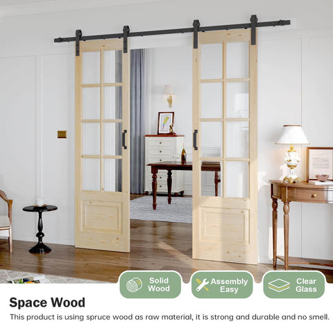 Double 24x84 Inch Clear Glass French Interior Doors With 8Ft Barn Door Hardware Kit Included, Preassembled, in living room.