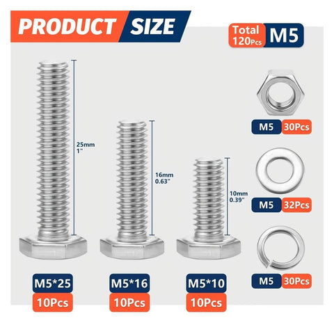 DIY Hardware Fastener Kit With Hex Head Bolts Nuts Flat Washers And Lock Washers M5 Bolts Set 122 Pieces size chart