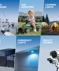 Collage showing 12V LiFePO4 Battery With 20A BMS For Ride On Toys And Toy Cars used with fish finders, kid scooters, camping lights.