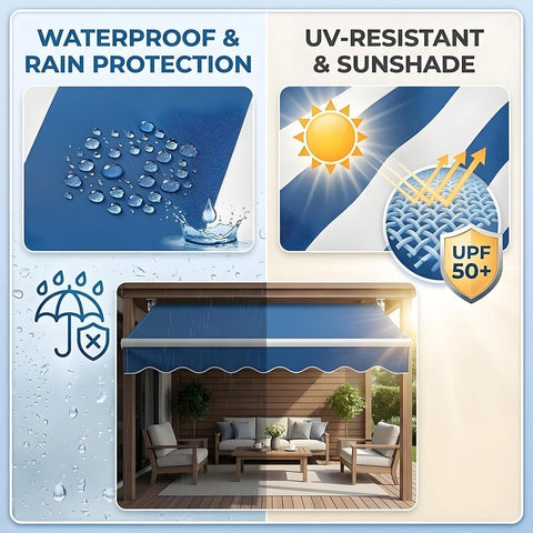 Replacement Cover For Patio Awning PVC Weather Protection Retractable Sunshade Canopy Cloth Sized 8-13ft showing waterproof and UV-resistant features