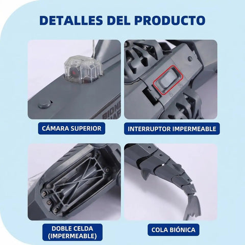 Product details of Underwater HD Camera 2 4G RC Shark Boat with upper camera, waterproof switch, dual cell, and bionic tail