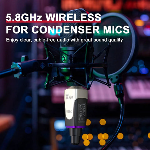 Plug-On Wireless XLR System For Condenser Microphones, 5.8GHz Band, Auto Channel Scan, shown on microphone in studio.