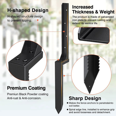 H-shaped No Nonsense Heavy Duty Fence Post Repair Kit 2 Pack Steel Ground Spike Anchors For Wood Posts, black coated steel structure.
