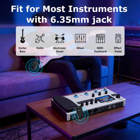 Wireless Guitar System With 2.4G Tech, Cordless Transmitter And Receiver for stage and studio, showing fit with instruments