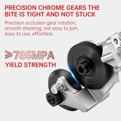 Powerful And Effortless Heavy Duty Drill Metal Cutter Attachment showing precision chrome gears and 785MPA yield strength.