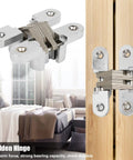 180 Degree Zinc Alloy Hidden Door Hinge For Cabinets And Furniture Concealed Cross Hinge installed on wooden door