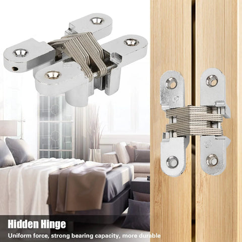 180 Degree Zinc Alloy Hidden Door Hinge For Cabinets And Furniture Concealed Cross Hinge installed on wooden door