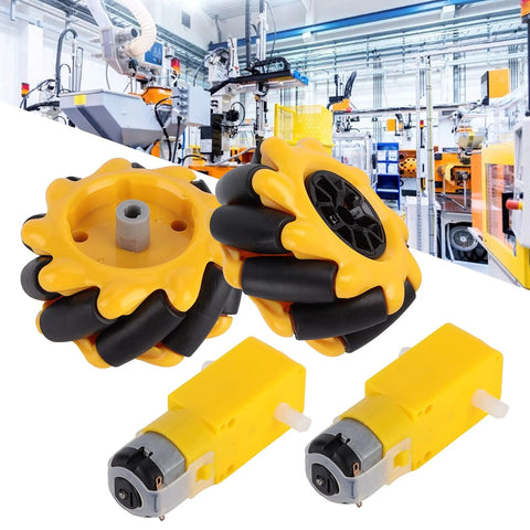 Front view: Mecanum wheel set with yellow rubber-coated rollers (60mm) and two TT geared motors.