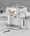 No Hassle Super Automatic Espresso Maker With Built In Grinder And Creamy Milk Frother on kitchen counter, dimensions labeled.