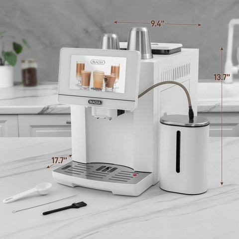 No Hassle Super Automatic Espresso Maker With Built In Grinder And Creamy Milk Frother on kitchen counter, dimensions labeled.