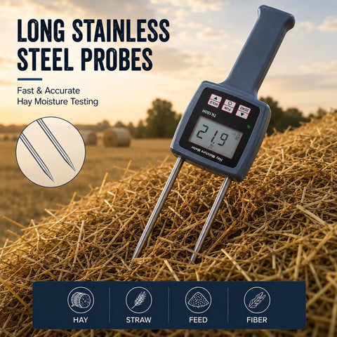 Portable Hay Moisture Meter With Probe Quick Accurate Digital Readout Today For Farms Keeps Hay In Check To Prevent Mold Spoilage And Quality Degradation, stainless steel probe in hay