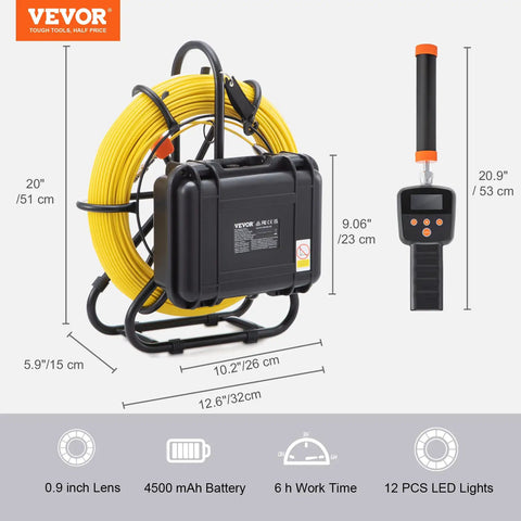 Sewer Inspection Camera Pro Grade With 512Hz Locator, 165 Feet Cable, 9 Inch LCD Screen, DVR Function, IP68 Waterproof Camera With 12 Adjustable LEDs, 16GB SD Card, Perfect For Home Plumbing, Ducts, And Pipe Runs, shown with cable reel and probe