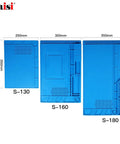 Three blue heat-resistant silicone repair mats with built-in scale ruler, labeled S-130, S-160, S-180, with various sizes and compartments.
