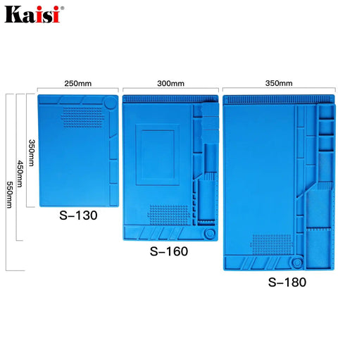 Three blue heat-resistant silicone repair mats with built-in scale ruler, labeled S-130, S-160, S-180, with various sizes and compartments.