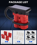 Package list showing Two Pack 50 Amp Wire Connector Kit For 6 To 12 Gauge Cables Plug And Play Quick Connect Disconnect Set components