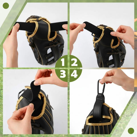 Close-up of using Two Pack Adjustable Baseball Glove Clips to secure and hang a black glove with straps and loops.