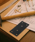 Beefy Heavy Duty Flat Plate Corner Brackets With Screws Black 10x5cm Set with wooden tools and assembly instructions